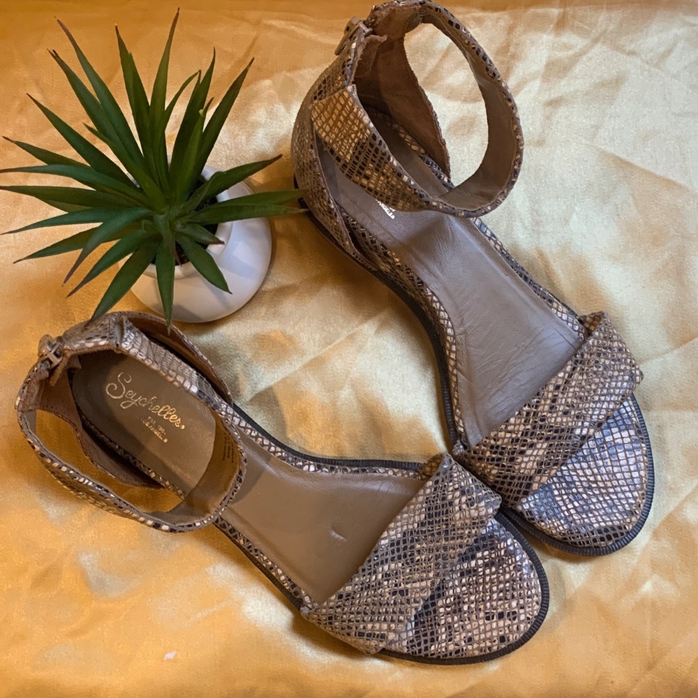 🌹Seychelles • Taupe Snake-Print Ankle Strap Sandals - Picture 3 of 11